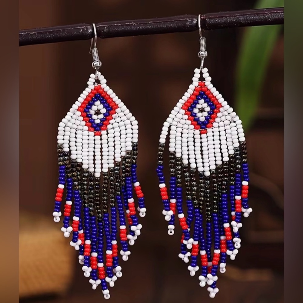 3.5” Beaded Fringe Earrings - White, Blue & Red